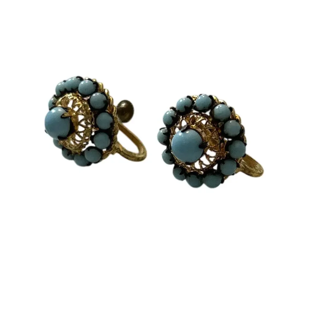 Vintage 1920s Czech Czecho Gold Tone Filigree Blue Beaded Screw Back Earrings